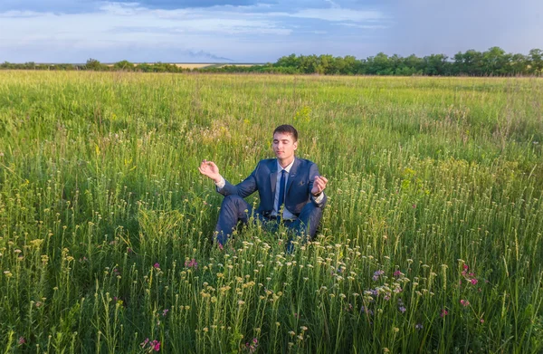 Zakenman werkt in de natuur. — Stockfoto