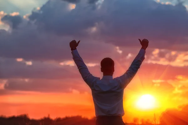 Granjero feliz, hombre de negocios, de pie en el campo con las manos y los pulgares hacia arriba —  Fotos de Stock