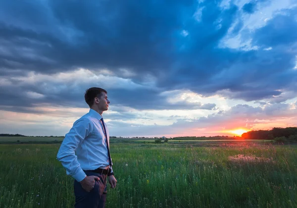 Gelukkig boer, zakenman, opstaan in veld met zijn handen en duimen — Stockfoto