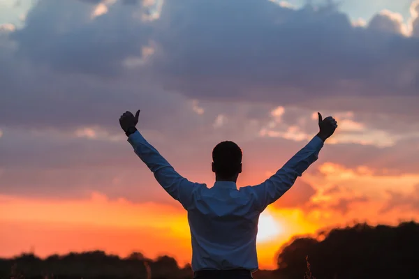 Happy farmer, businessman, standing in field with his hands and thumbs up — Stock Photo, Image