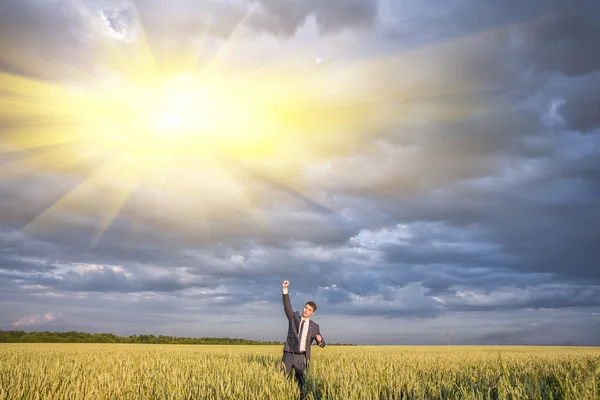 Happy businessman standing on the field — Stock Photo, Image