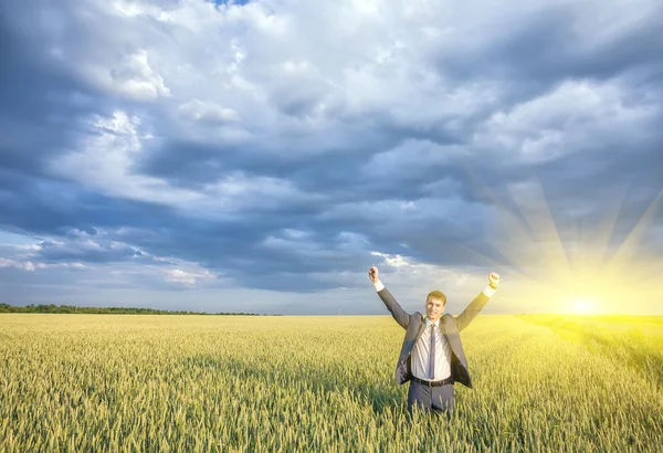 Glücklicher Geschäftsmann steht auf dem Feld — Stockfoto