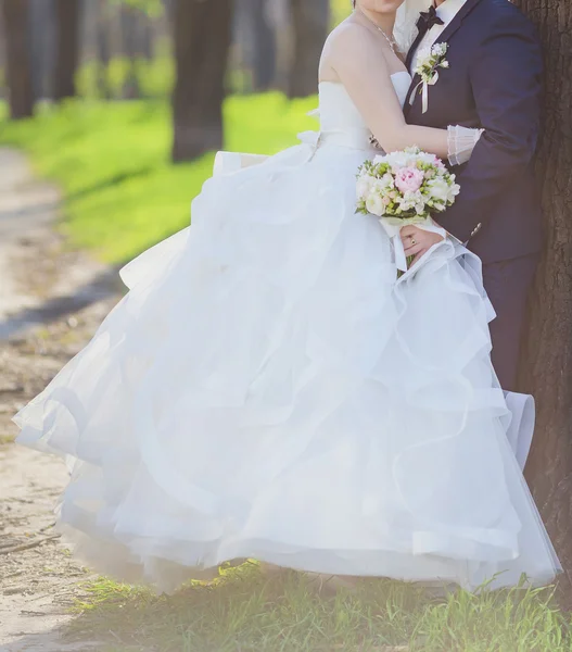 Braut und Bräutigam posieren am Hochzeitstag gemeinsam im Freien — Stockfoto