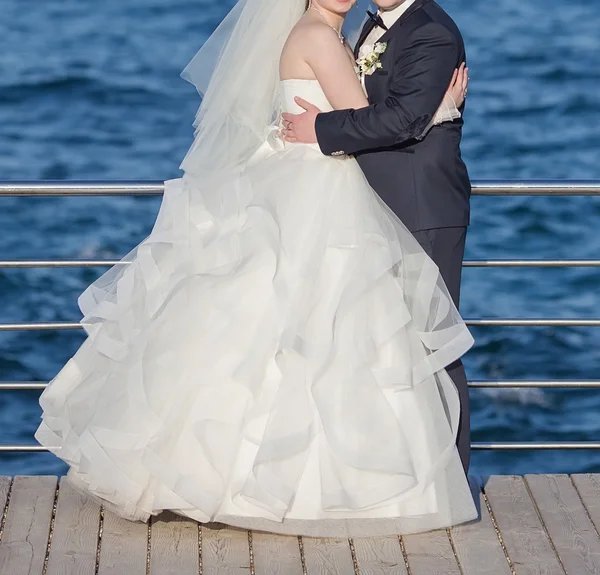 Braut und Bräutigam posieren am Hochzeitstag gemeinsam im Freien — Stockfoto