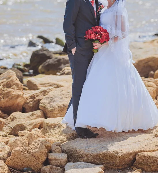 花嫁と花婿の結婚式の日に屋外で一緒にポーズ — ストック写真