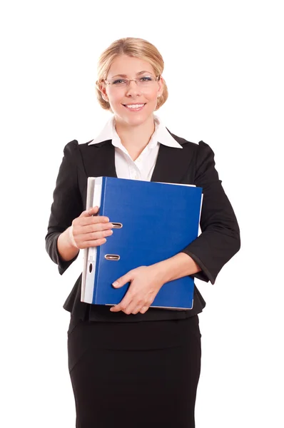 Mulher de negócios com pasta no fundo branco — Fotografia de Stock