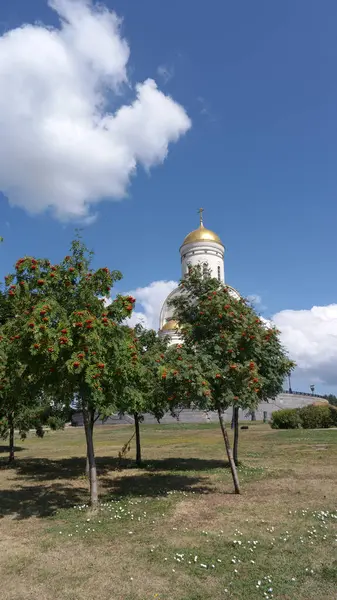 Kirche Und Bergfried Bei Trockenem Sonnigem Sommertag — Stockfoto