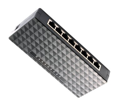 Kurak günde siyah 8 Port Plastik Ethernet Anahtarı beyaz arkaplanda izole edildi