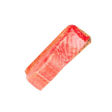 Bir parça kırmızı balık filetosu beyaza izole edilmiş.