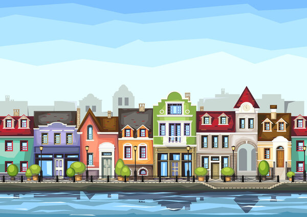 Small town street with coffee shop.Vector illustration of stylized colorfull city landscape.Old town .