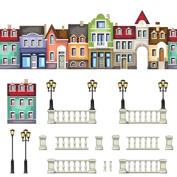 Collectie van architectonische elementen. huis, straat licht, balustrade. vector tekening — Stockvector