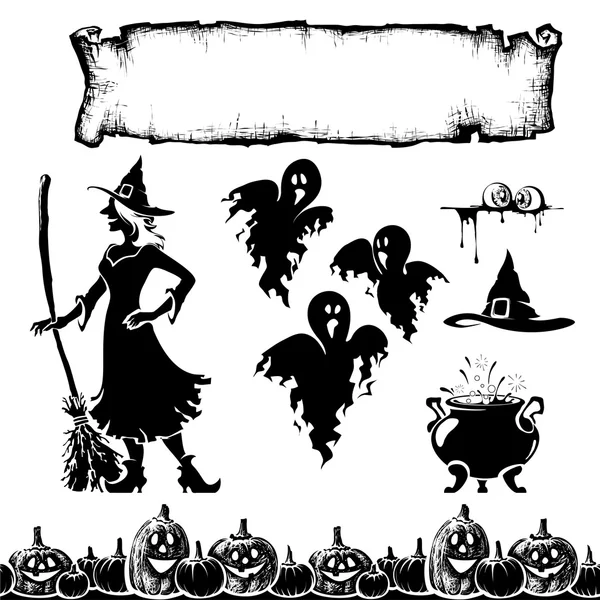 Halloween elementen, silhouet collectie, pompoen naadloze grens — Stockvector