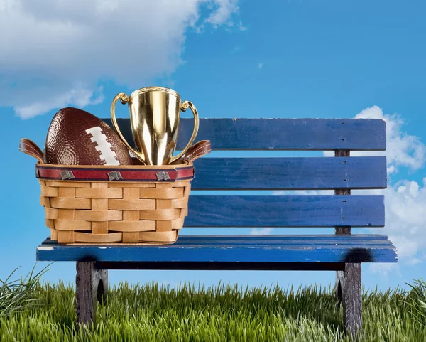 Park bench football and awards. — Stock Photo, Image