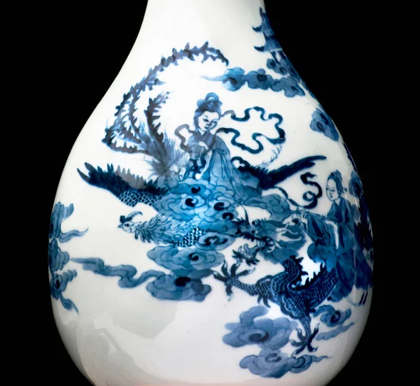 Closeup Porcelana Chinesa Antiga Azul Branca — Fotografia de Stock