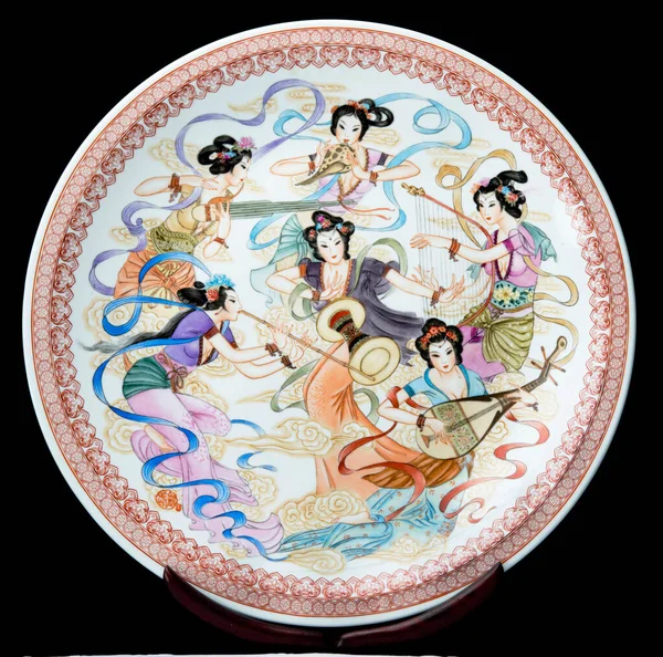 Carregador Porcelana Chinesa Antiga Meninas Musicais — Fotografia de Stock