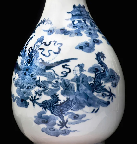 Closeup Porcelana Chinesa Antiga Azul Branca — Fotografia de Stock