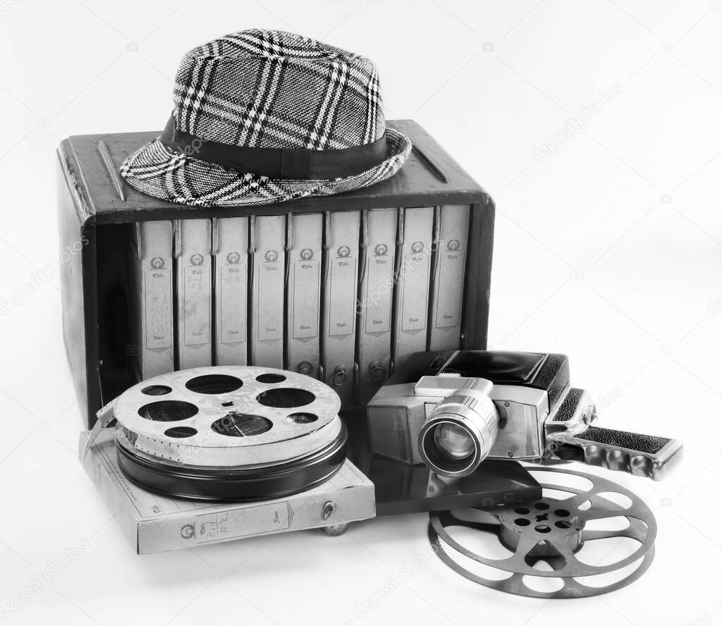 Old 16mm movie equipment from the 1940's in black and white.