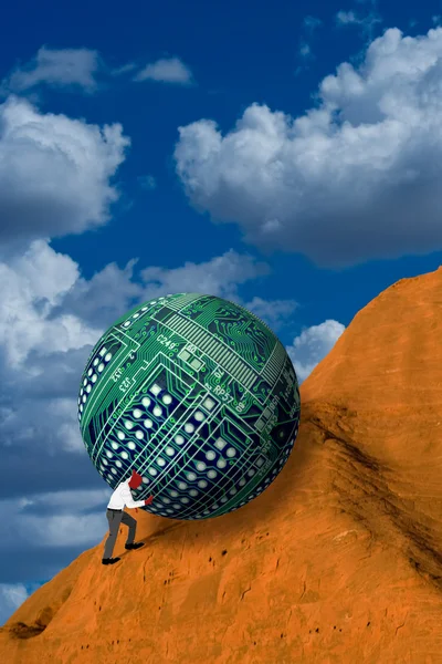 Pushing Computer Ball Up Hill. — Stock Photo, Image