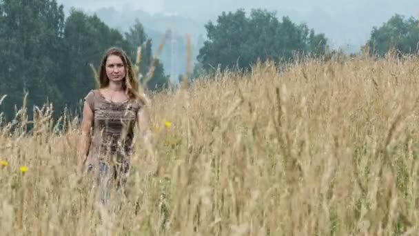 Het meisje in het veld gaat onder een hoge gele gras — Stockvideo