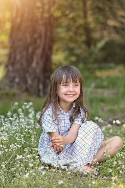 快乐的小女孩坐在草地上 — 图库照片