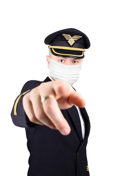Captain Uniform Mask Points His Finger — Stock Photo, Image