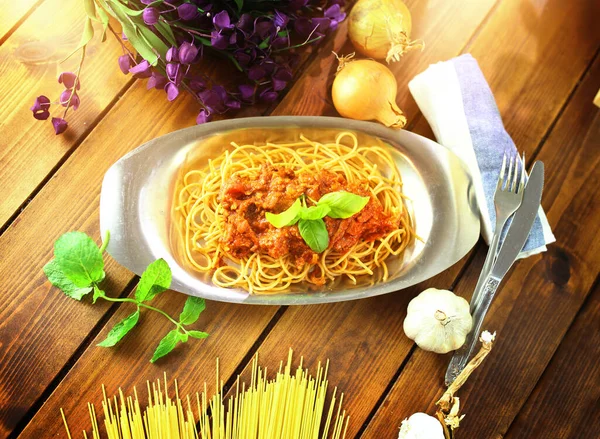 Delicioso Plato Pasta Boloñesa Espaguetis — Foto de Stock