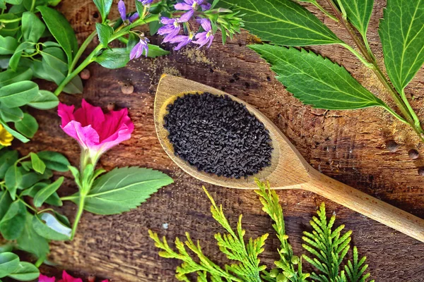 Black Cumin Spice Kitchen Wooden Spoon — Stock Photo, Image