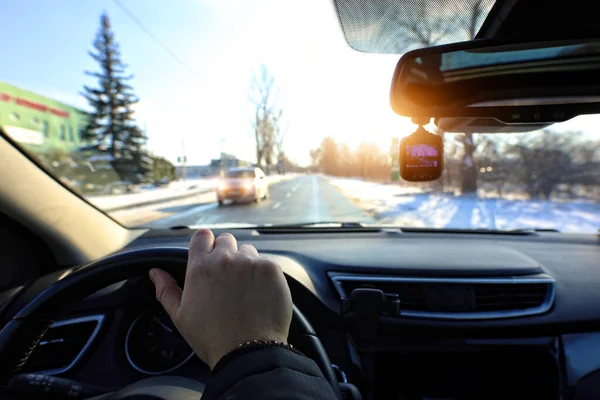 Driving Car Video Recorder Sunny Day — Stock Photo, Image