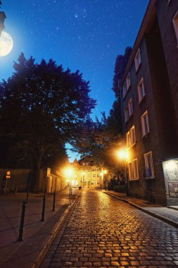 Eski kasabanın manzarası ve Gdansk City 'de ay ışığında güzel bir cadde