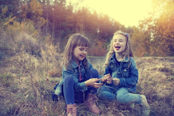 Two young girls amused at autumn sunny day — Stock Photo, Image