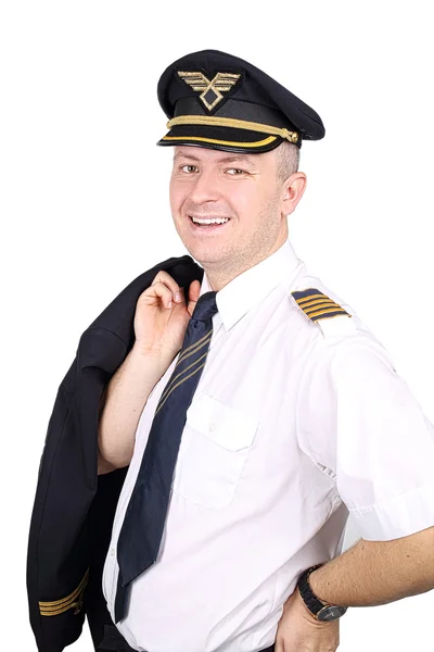 Smiling captain in uniform on a white background — Stock Photo, Image