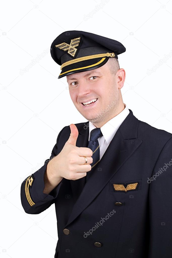 Pilot with thumb up on white background