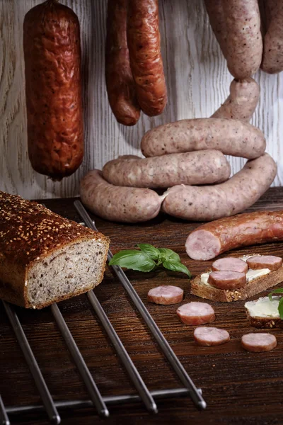 Home Country sausage with rye bread — Stok fotoğraf
