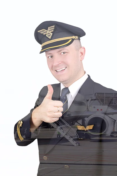 Lächelnder Pilot mit erhobenem Daumen durch Doppelbelichtung — Stockfoto