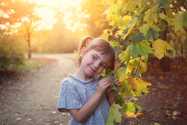 Glad flicka i soliga höst park — Stockfoto