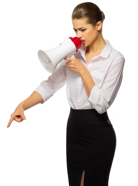 Young businesswoman with megaphone — Stock Photo, Image