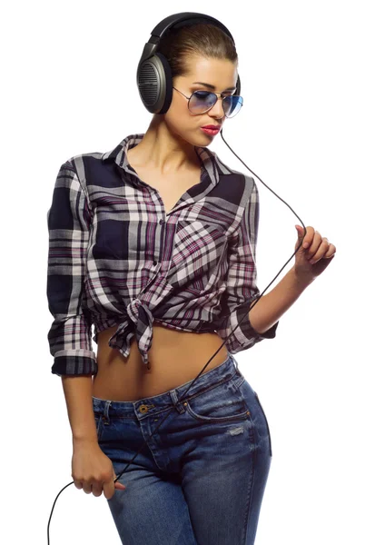 Young girl listen music in headphones — Stock Photo, Image