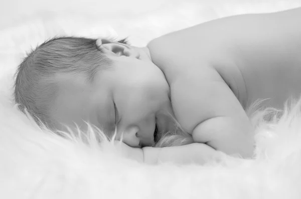 Dítě na bílé kožešiny (černobílý tisk) — Stock fotografie