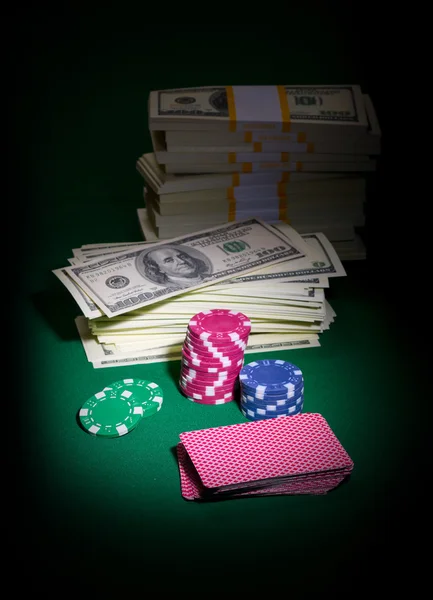 Playing cards chips and dollars — Stock Photo, Image