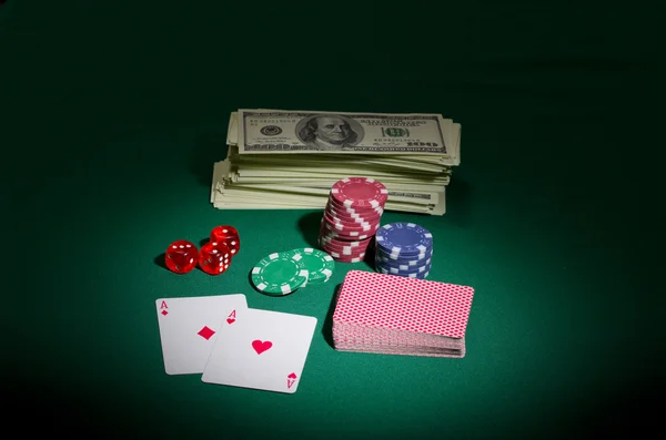 Dollars chips cards and dices — Stock Photo, Image