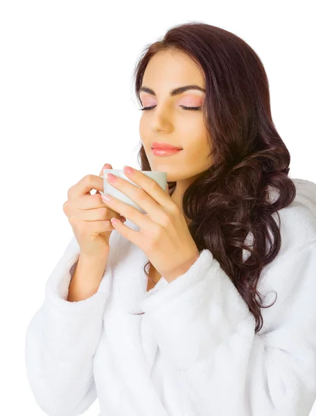 Young healthy girl with bathrobe and cup — Stock Photo, Image