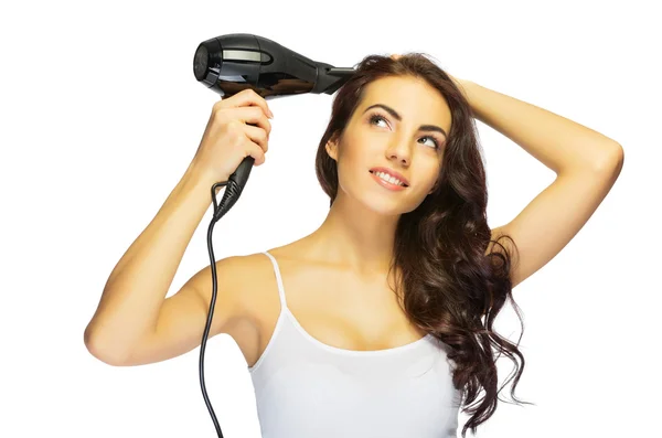 Young healthy girl with hair dryer — Stock Photo, Image