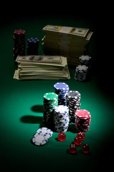 Gambling chips dollars and dices — Stock Photo, Image