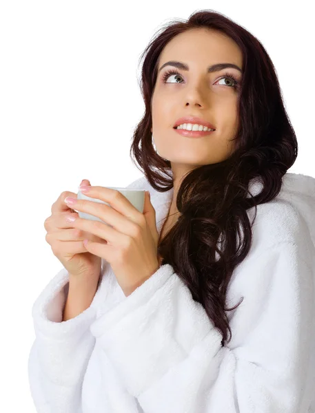 Healthy girl in bathrobe with cup — Stock Photo, Image