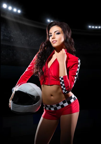 Girl racer with helmet at stadium — Stock Photo, Image