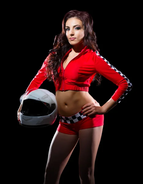 Young girl in red racing costume — Stock Photo, Image