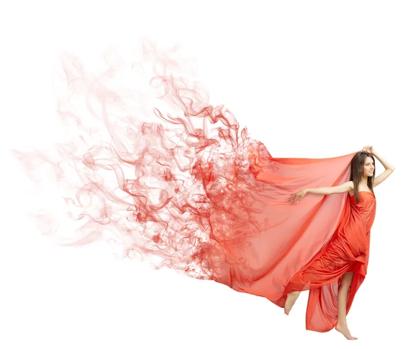 Chica joven en tela roja larga aislada (humo ver ) — Foto de Stock