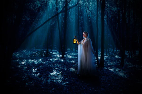 Girl elfów w nocy w lesie — Zdjęcie stockowe
