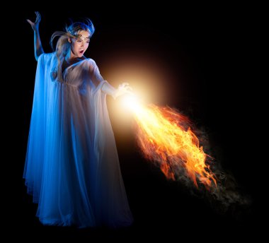Young elven girl with fire isolated clipart