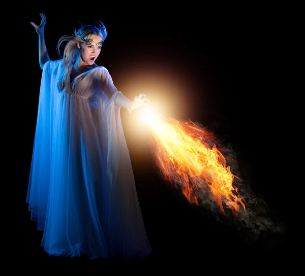 Young elven girl with fire isolated — Stock Photo, Image